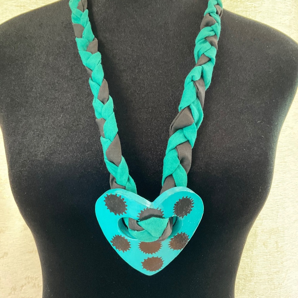 Handmade Braided Fabric Statement Necklace Chunky Wooden Heart VTG Wearable Art
